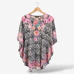 Tolani Caftan Tunic Size XS Gray Pink Print Casual Loungewear Dolman Sleeve
